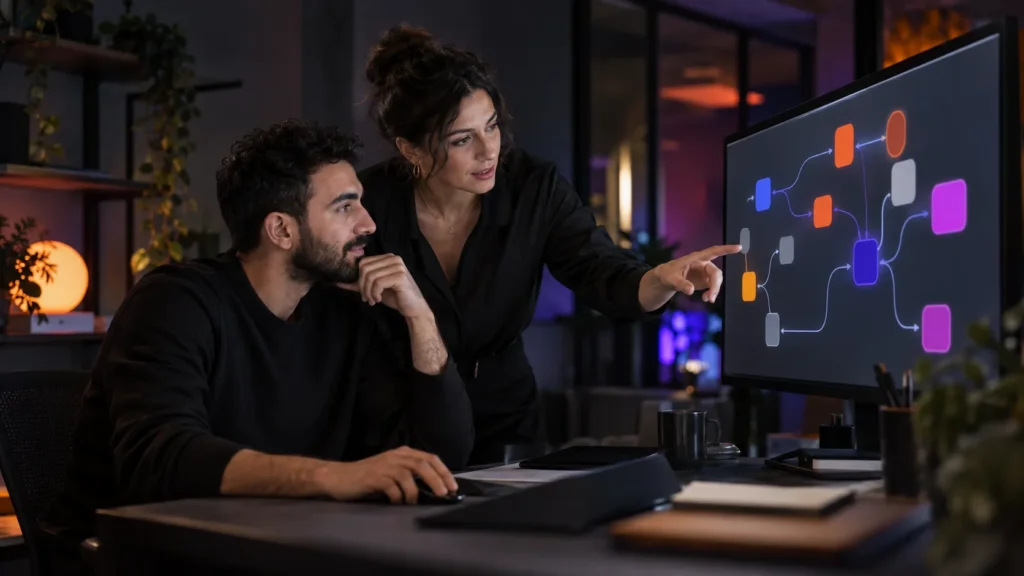 צוות עסקי בוחן תרשים תהליך אוטומציה בשילוב AI