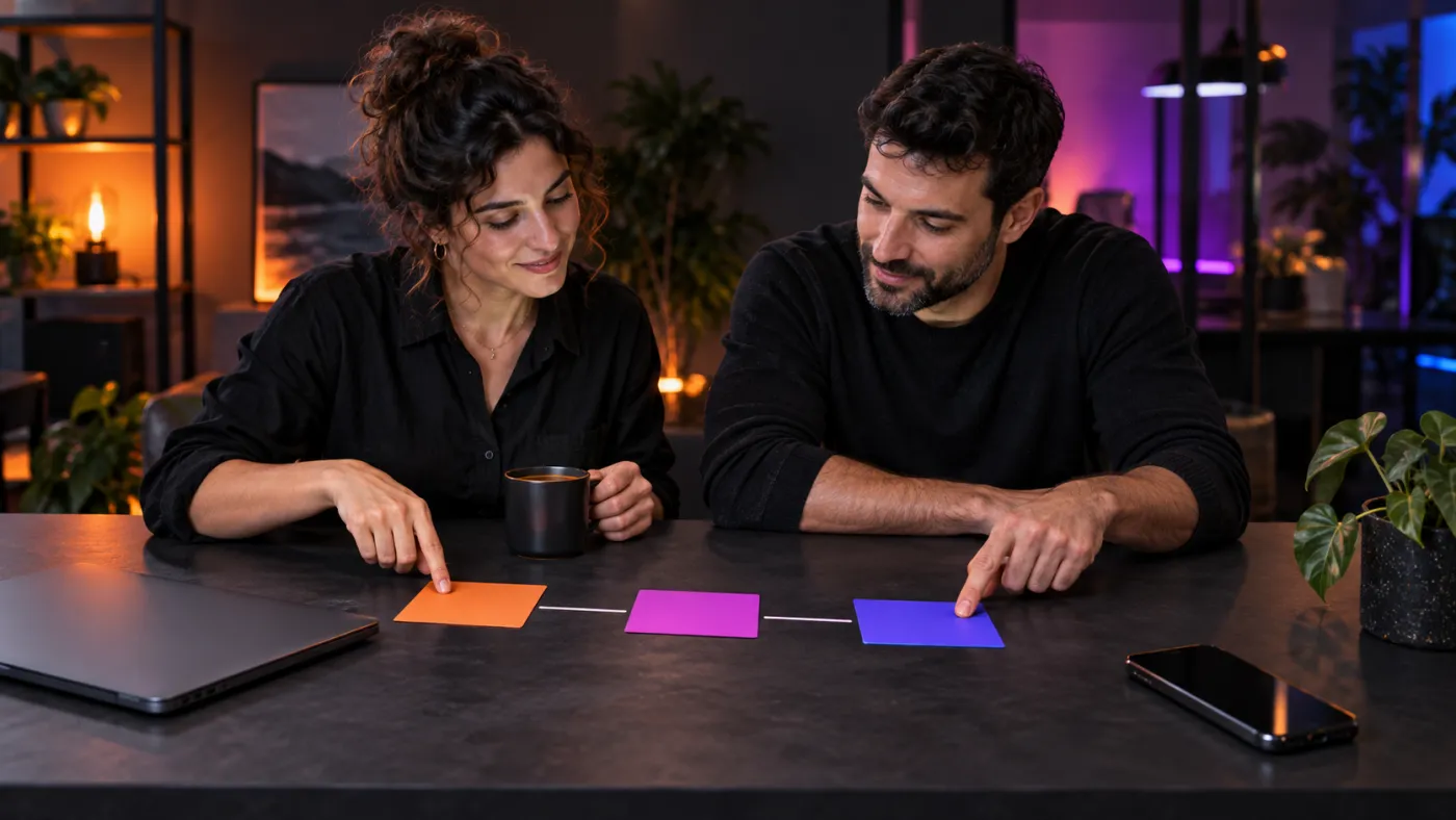 שני אנשי צוות מתכננים העברת אחריות ומעקב אחר פניות באמצעות כרטיסיות צבעוניות ללא כיתוב